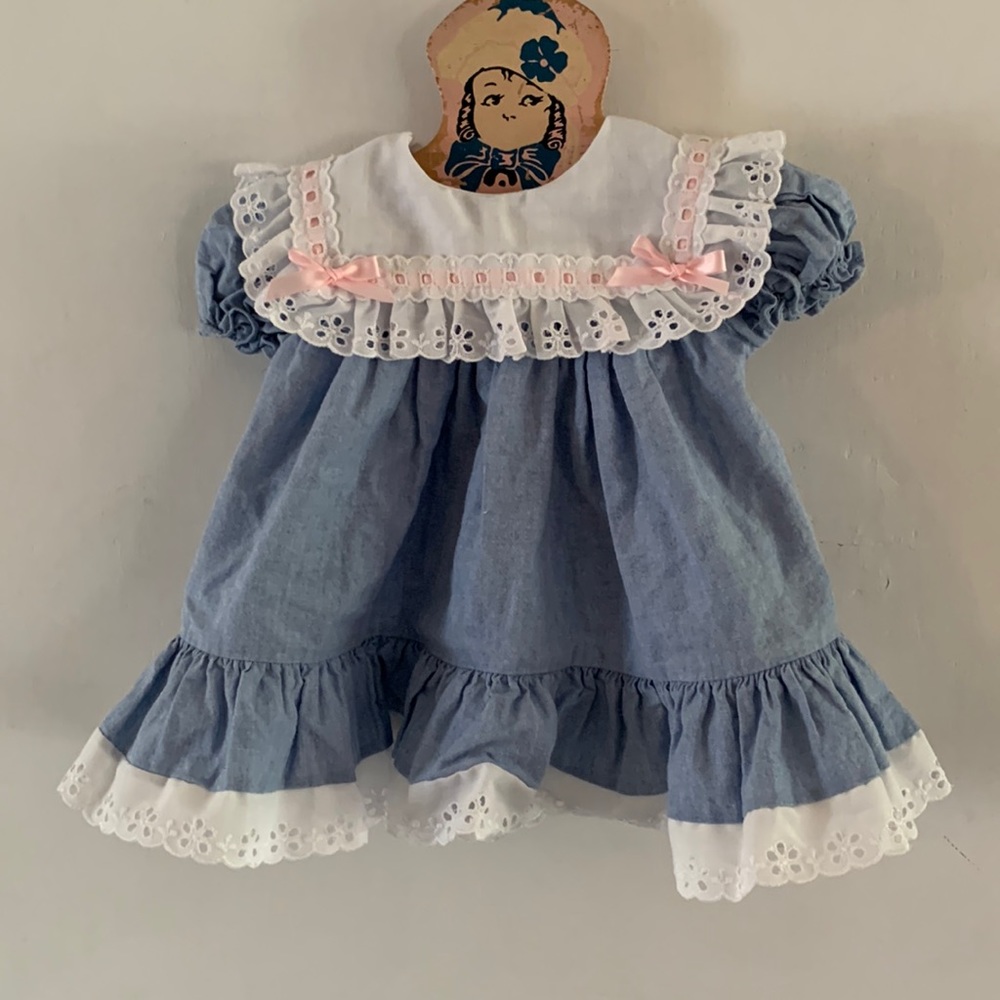Last chance! Vintage Just Peachy blue chambray dress large collar lace Sz 12 mth